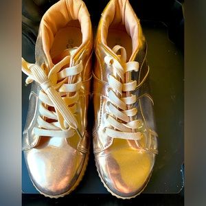 Rose gold patent leather platform sneakers